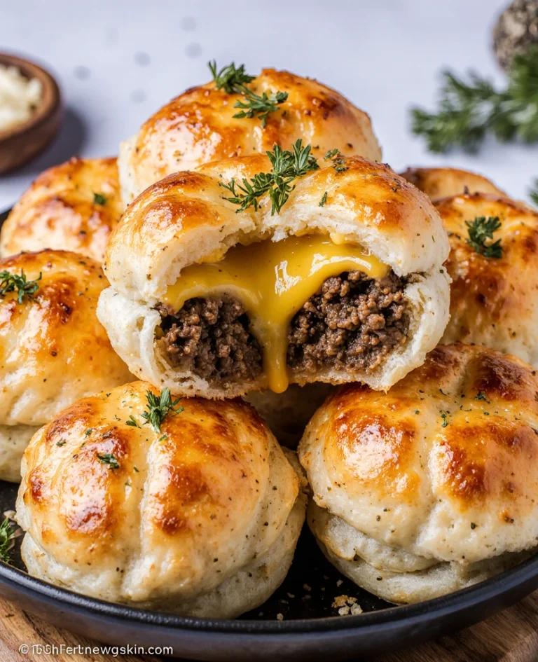 Golden garlic parmesan cheeseburger bombs on a baking tray with melted cheese oozing out.