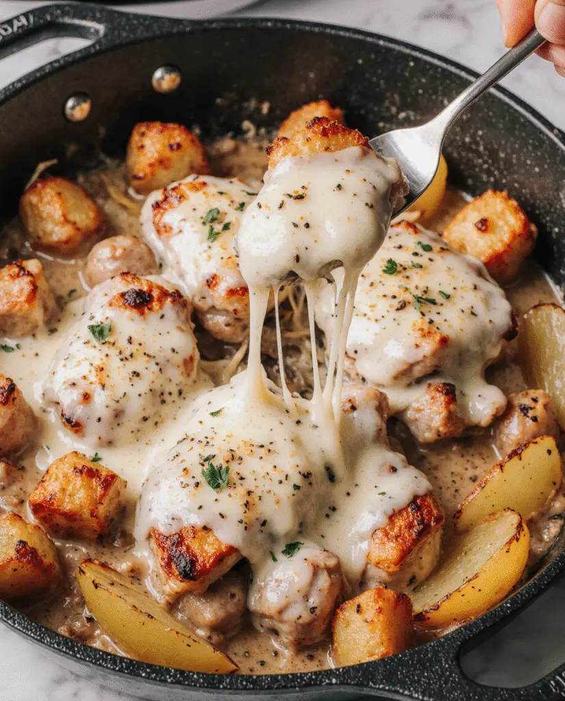 Garlic parmesan crockpot chicken and potatoes served in a bowl, garnished with fresh parsley.