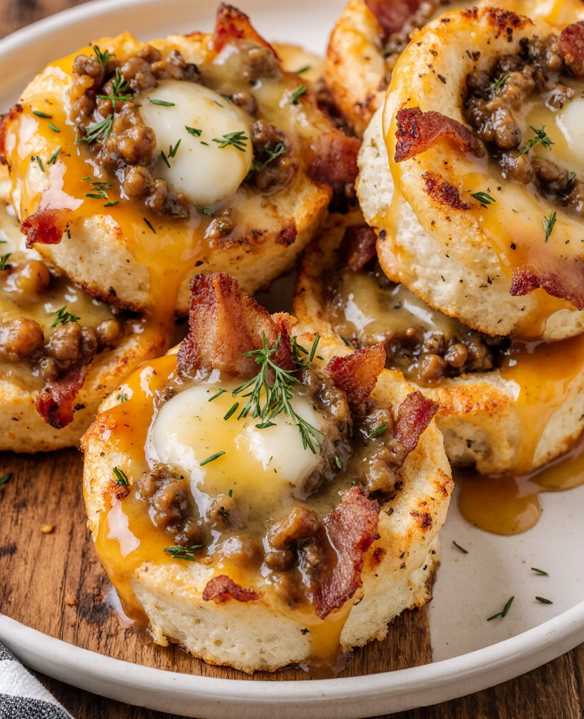 Golden garlic butter bacon cheeseburger rollups cut in half, showing melted cheese and savory filling.