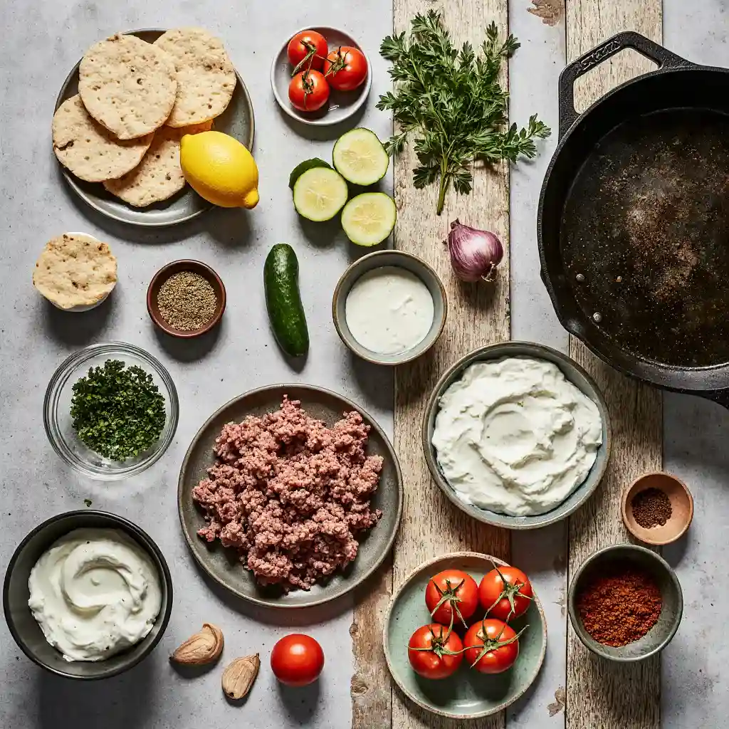 Ingredients for Greek ground beef pitas preparation