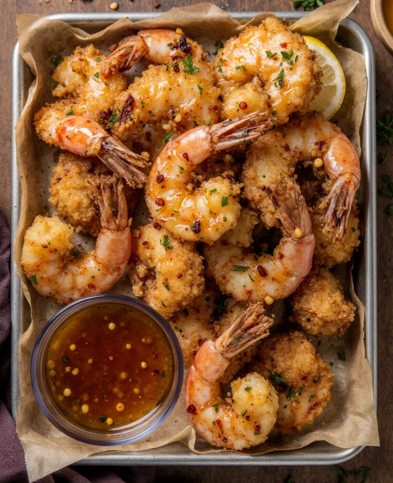 Crispy fried shrimp drizzled with hot honey, served on a plate with lemon wedges.