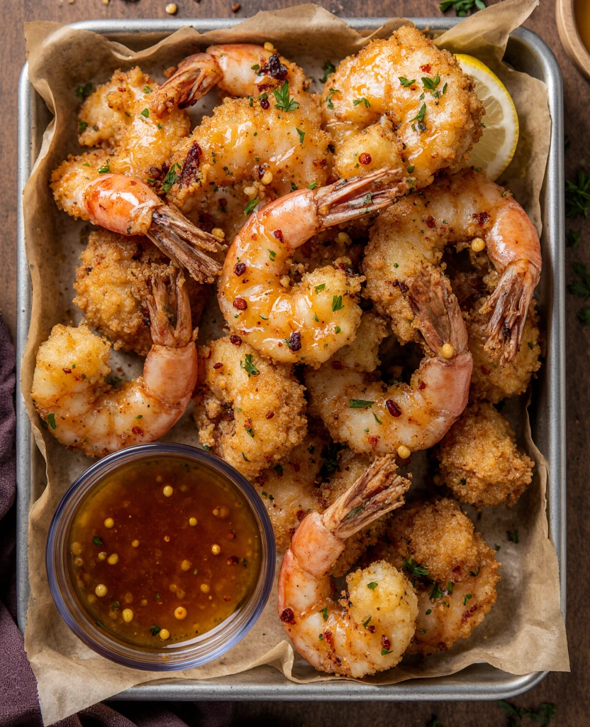 Crispy fried shrimp drizzled with hot honey, served on a plate with lemon wedges.