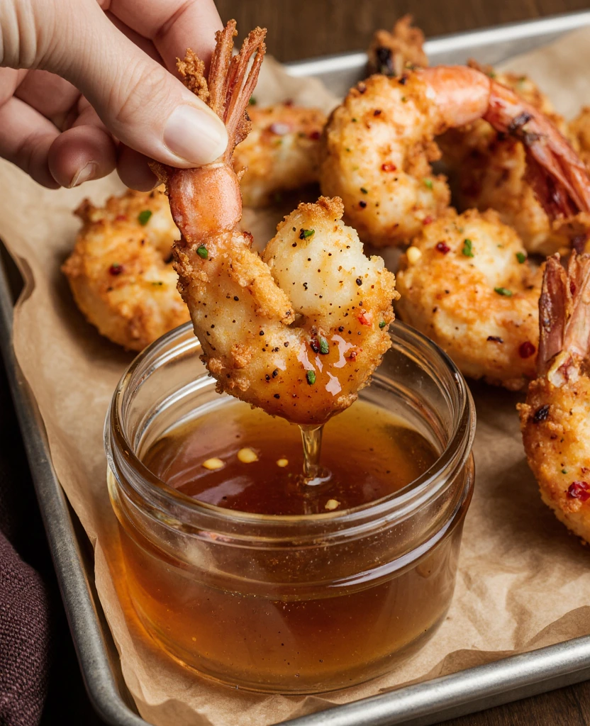 Crispy fried shrimp drizzled with hot honey, served on a plate with lemon wedges.