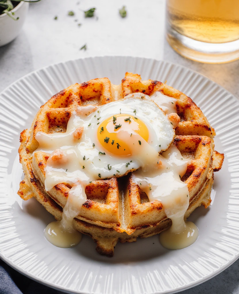 Golden brown low carb chaffle with egg and melted cheese on a plate, ready to serve.