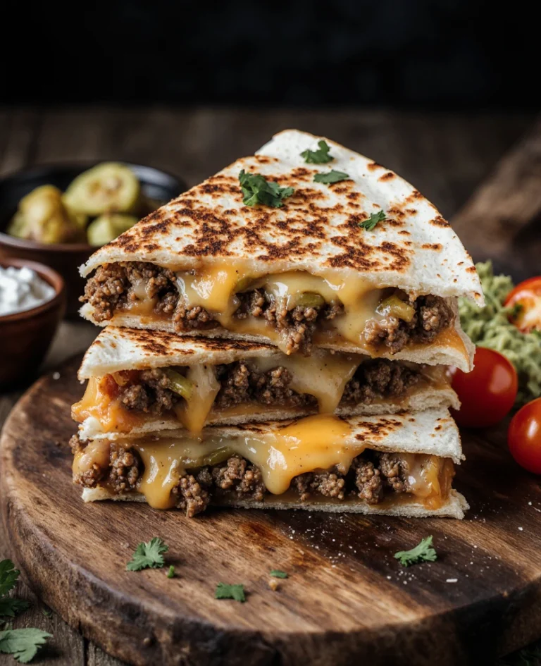 Crispy smashburger quesadillas cut in triangles, filled with cheeseburger ingredients, served on a plate.