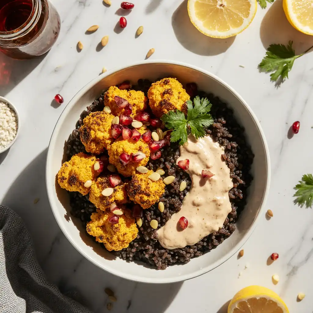Spiced Black Rice Bowl with Roasted Cauliflower & Tahini Sauce