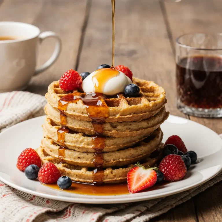 buttermilk waffles Stacked waffles with syrup and berries