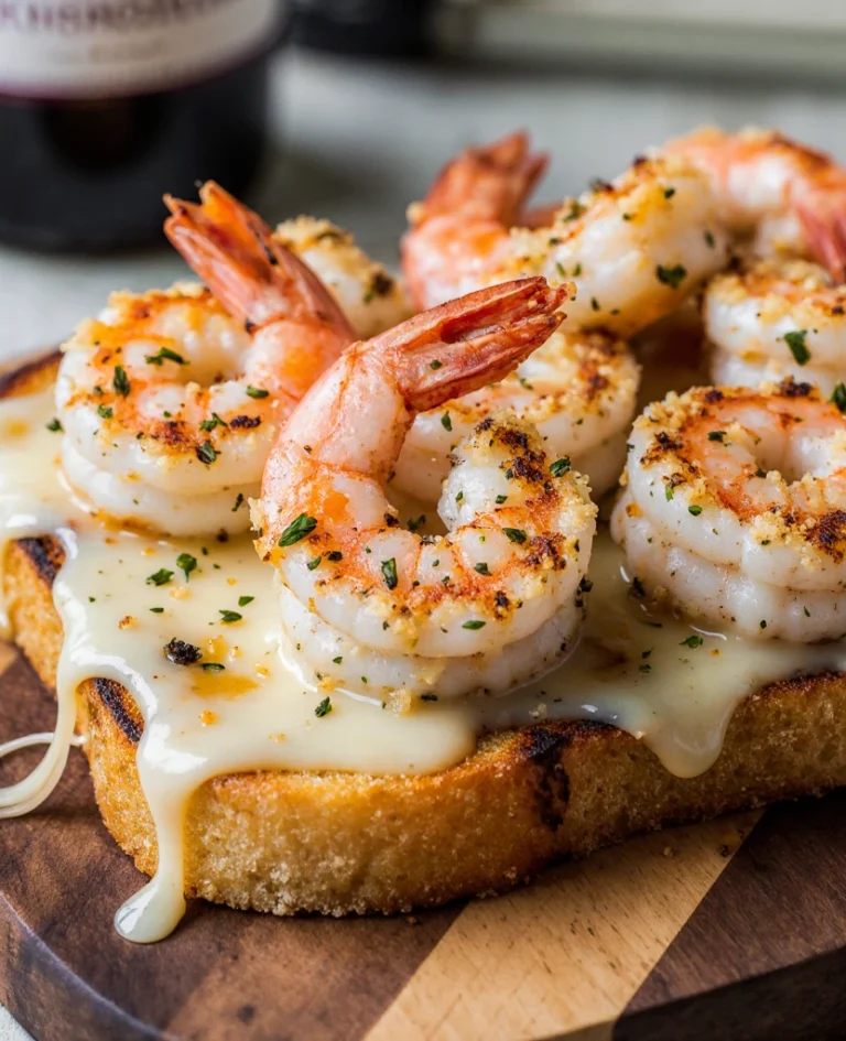 Cheesy garlic shrimp melt on toasted bread with melted cheese and herbs on top.