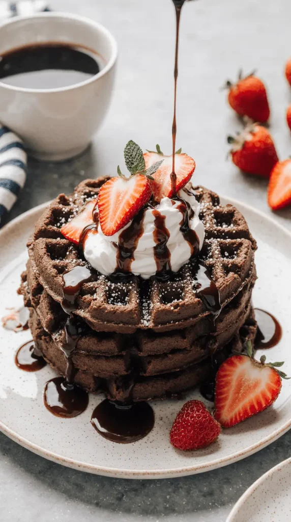 chocolate waffles recipe topped with strawberries and cream