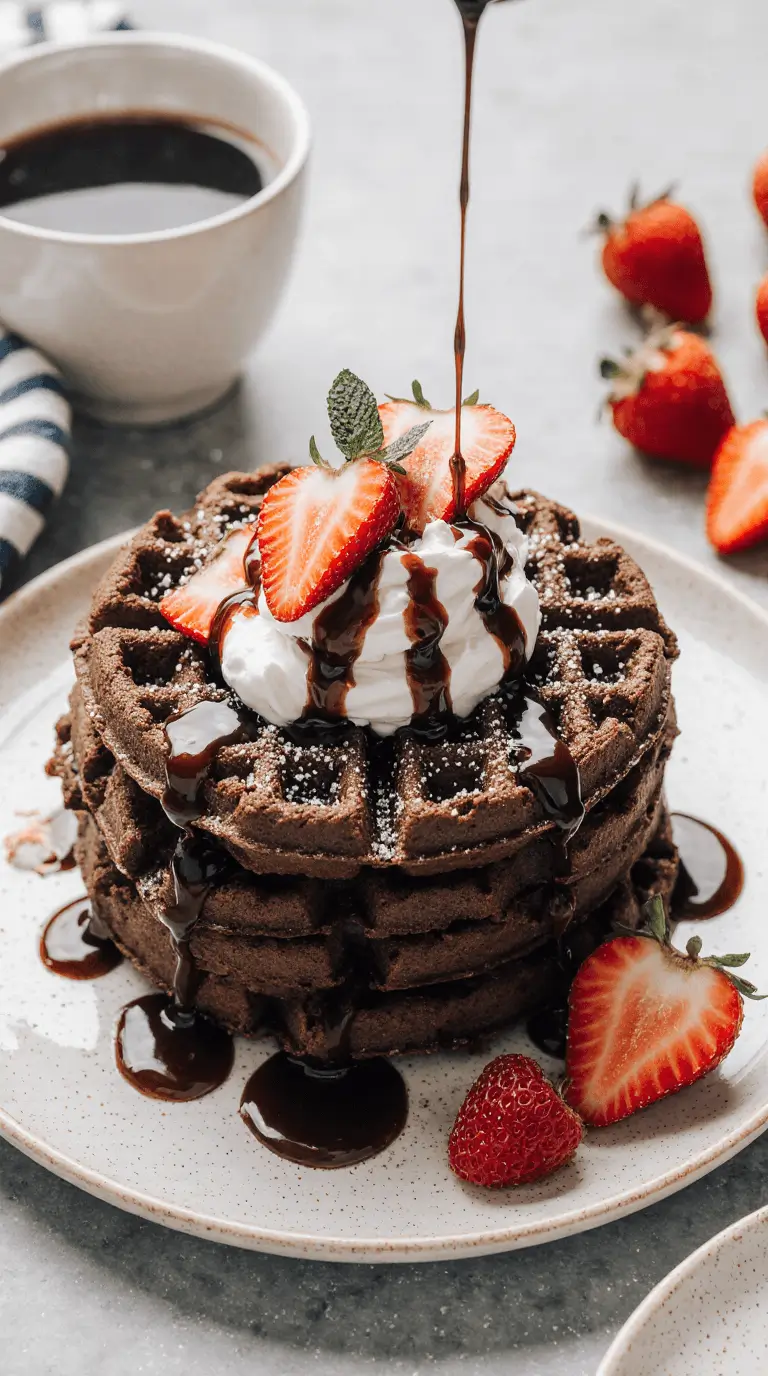 chocolate waffles recipe topped with strawberries and cream