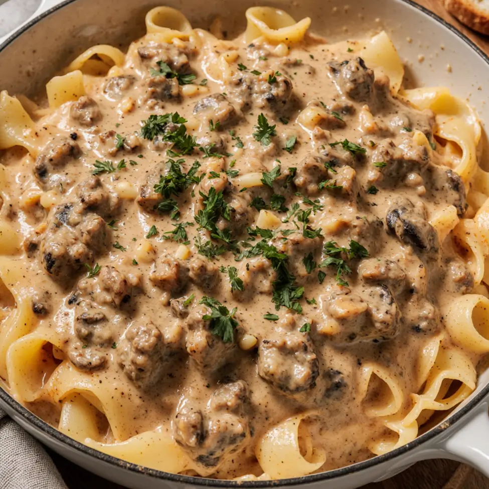 Creamy beef stroganoff over pasta