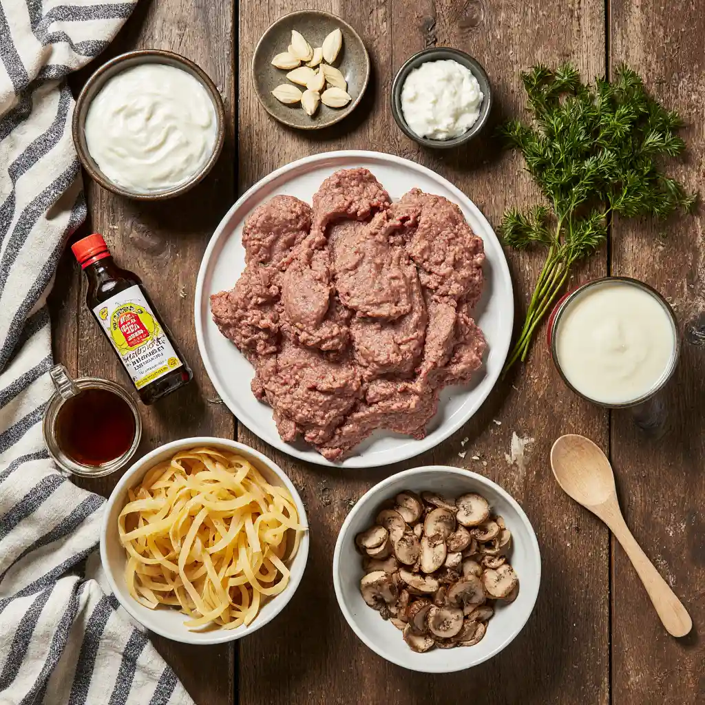 Ingredients for creamy beef stroganoff preparation