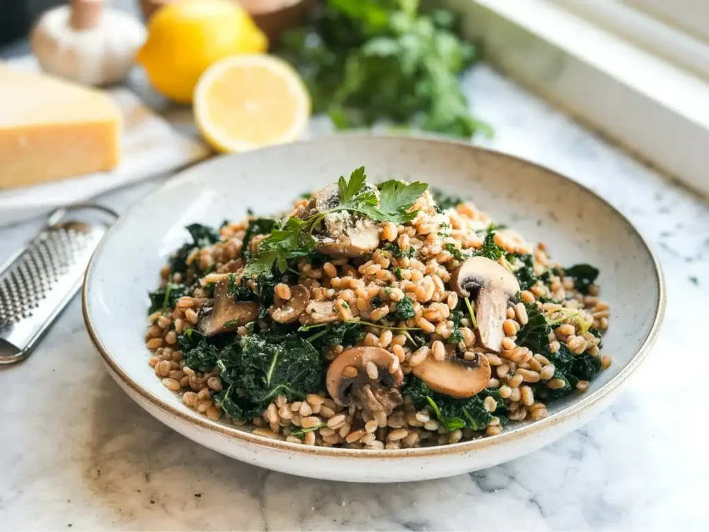 Healthy Garlic Herb Farro with Kale & Mushrooms Recipe