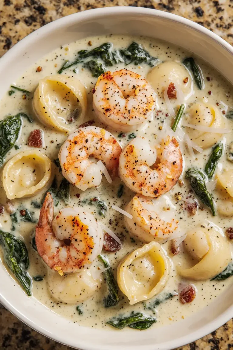 “Creamy shrimp and spinach tortellini served in a bowl topped with parmesan and fresh herbs.