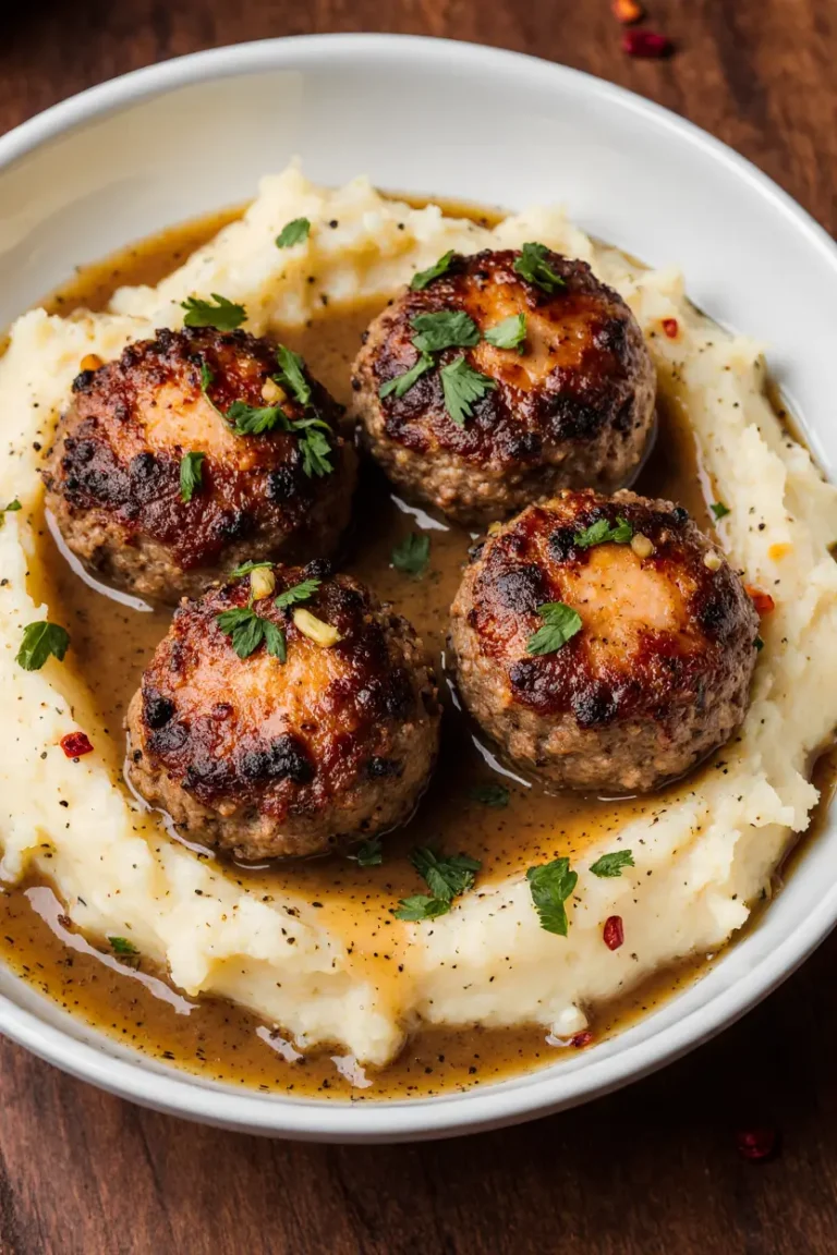 Juicy Salisbury steak meatballs served over creamy garlic herb mashed potatoes with rich brown gravy.