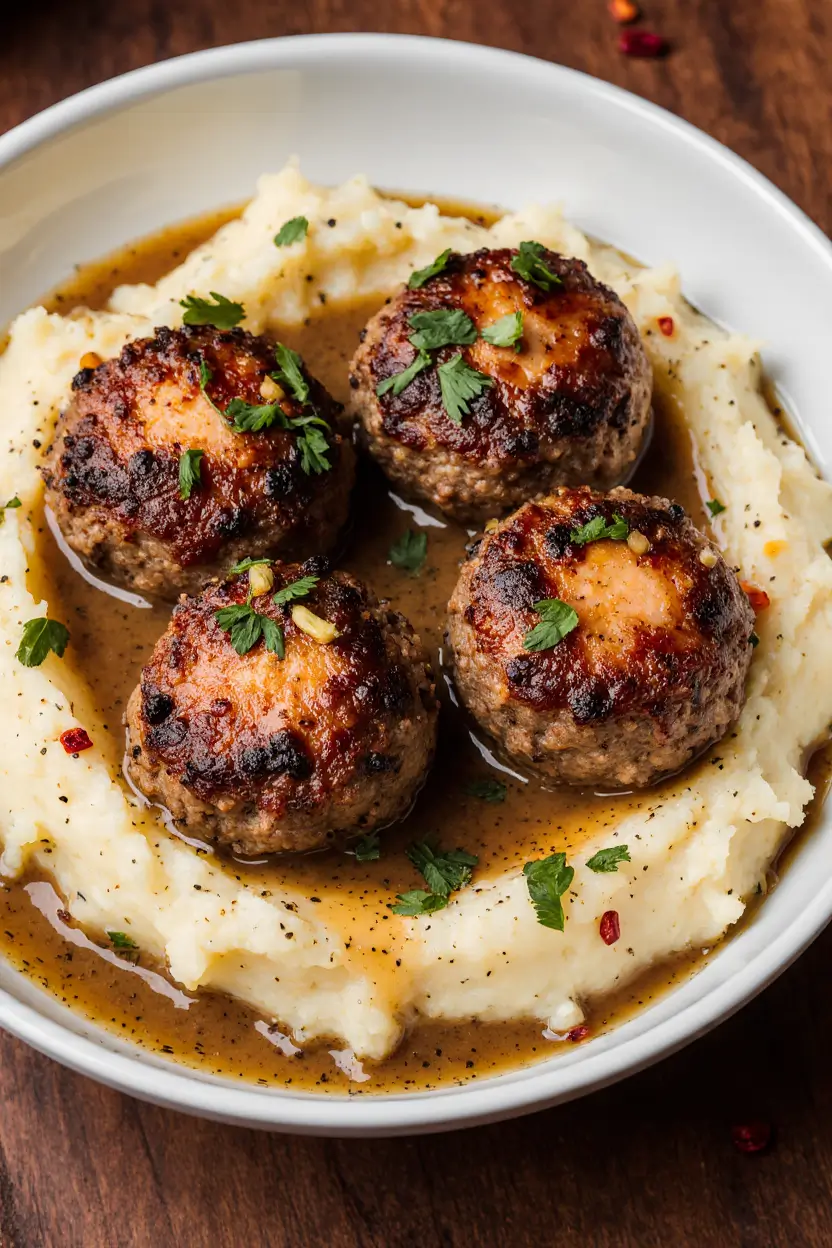 Juicy Salisbury steak meatballs served over creamy garlic herb mashed potatoes with rich brown gravy.