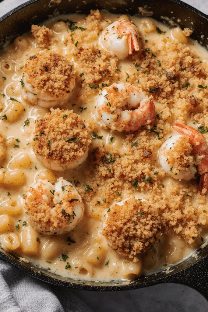 Creamy seafood mac and cheese in a baking dish topped with golden breadcrumbs and fresh herbs.
