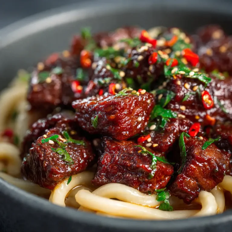 Savory steak over noodles with herbs.