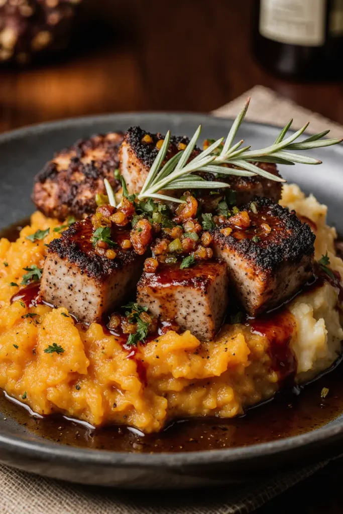 Juicy apple cider pork tenderloin sliced on a plate with apple slices and fresh herbs.