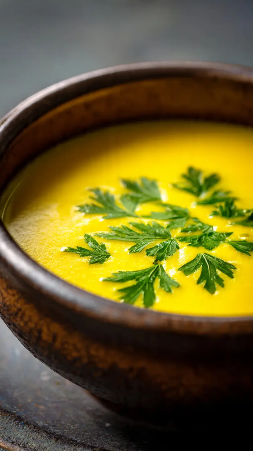 Vibrant yellow soup with herbs