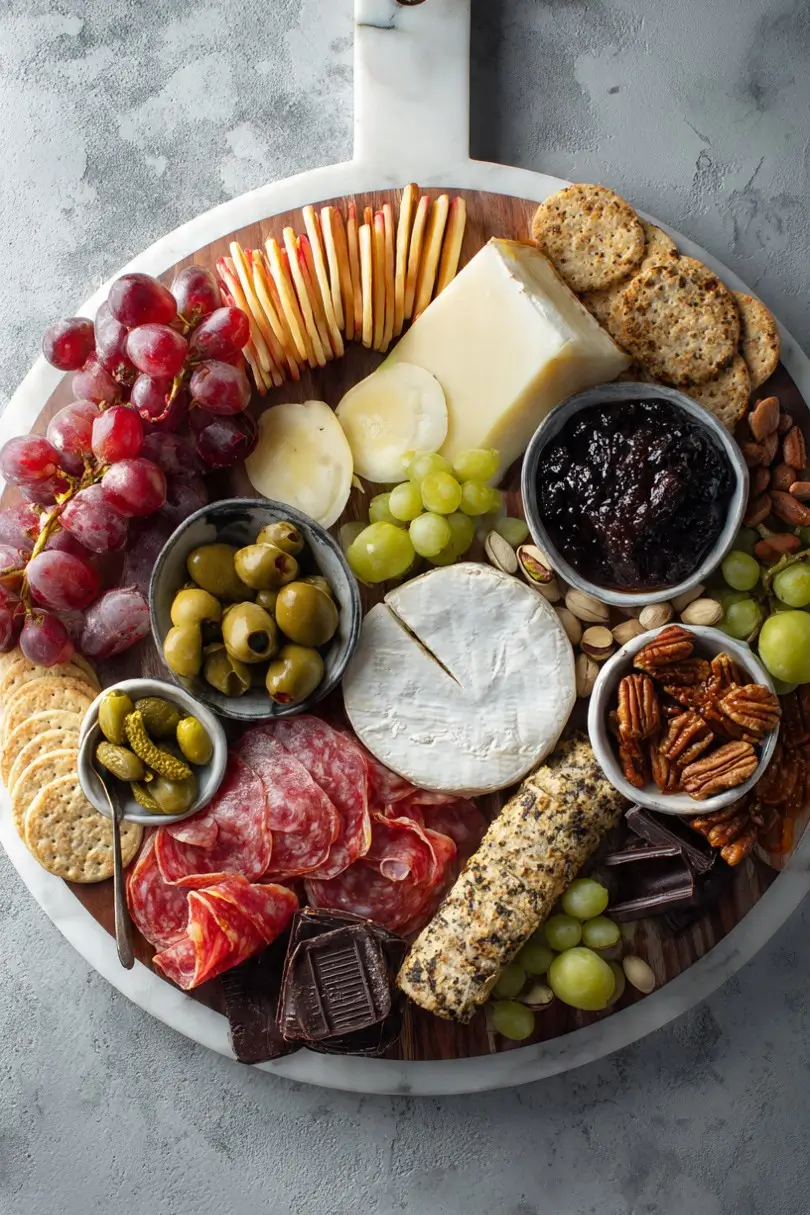 Colorful assortment of cheeses and snacks
