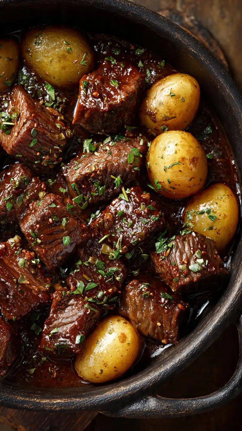 Slow Cooker Garlic Butter Beef Bites with Potatoes